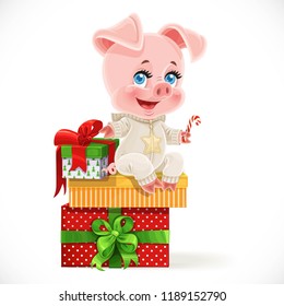 Cute cartoon baby pig sit on Christmas gifts isolated on a white background