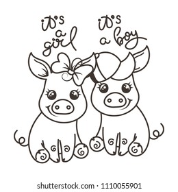 Cute cartoon baby pig. Vector illustration, coloring page