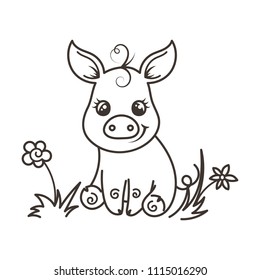 Cute cartoon baby pig. Vector illustration, coloring page