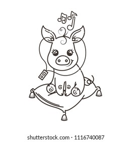 Cute cartoon baby pig. Vector illustration, coloring page
