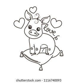 Cute cartoon baby pig. Vector illustration, coloring page