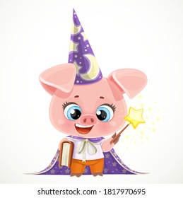 Cute cartoon baby pig in a wizard costume with textbook and magic wand isolated on a white background