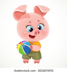 Cute cartoon baby piglet with color ball toy isolated on a white background