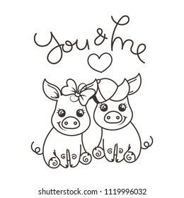Cute cartoon baby pigs in love. Vector illustration, coloring page