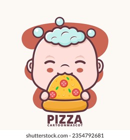 cute cartoon baby with pizza. vector illustrations with outline style, suitable for, logo brand, stickers, icons, etc.