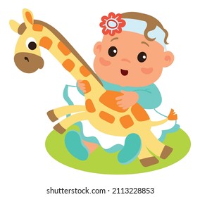 Cute cartoon baby playing with soft animal toy