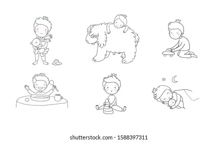 Cute cartoon baby playing with toys and a dog. Cute boy eats porridge and sleeps. little prince