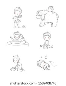 Cute cartoon baby playing with toys and a dog. Cute boy eats porridge and sleeps. little prince