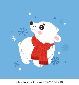 cute cartoon baby polar bear character in scarf and snowflakes on background