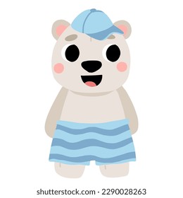 Cute cartoon baby polar bear in hat and swim shorts smiling. Isolated vector illustration for childrens book.