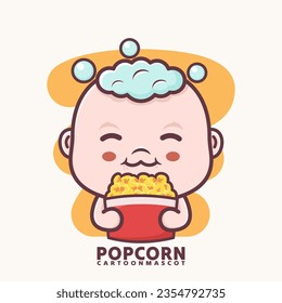 cute cartoon baby with popcorn. vector illustrations with outline style, suitable for, logo brand, stickers, icons, etc.