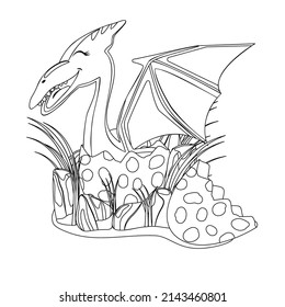 Cute cartoon baby pterodactyl coloring page. Dinosaur egg and newborn pterodactyl dinosaur. Jurassic park theme.