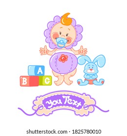 Cute cartoon baby in a purple diaper and purple cap with a pacifier in his mouth. Toys Bunny and cubes. Tag for the text. Isolated white background. Registration of invitations and postcards for holid