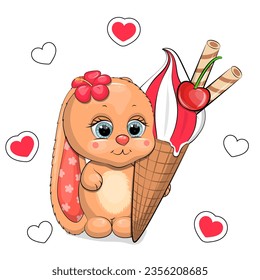 Cute cartoon baby rabbit with big ice cream. Summer animal vector illustration on white background with red hearts. 