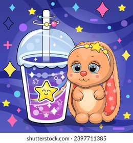Cute cartoon baby rabbit with a big star drink. Vector illustration of an animal and a cup of colorful water on a dark blue background with stars and dots.