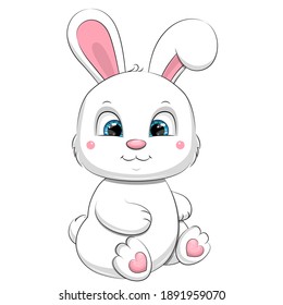Cute cartoon baby rabbit with blue eyes. Vector illustration of animal isolated on white. 