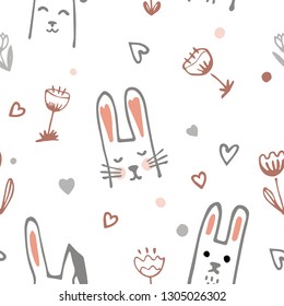 Cute Cartoon Baby Rabbit or Bunny and Flowers Seamless Pattern. Vector Illustration. Doodle Background for textile, clothing, or Easter Card