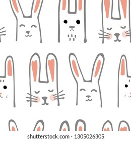 Cute Cartoon Baby Rabbit or Bunny Seamless Pattern. Vector Illustration. Hand Drawn Doodle Background