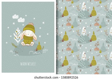 Cute cartoon baby rabbit forest character winter illustration. Hand drawn card and seamless background pattern design.