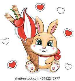 Cute cartoon baby rabbit holds a big ice cream. Summer animal vector illustration on white background with red hearts. 