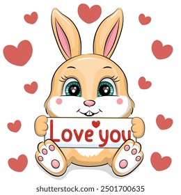 Cute cartoon baby rabbit with love you banner. Vector illustration of animals on white background with red hearts.