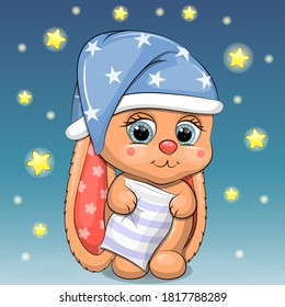 Cute Cartoon Baby Rabbit In Night Cap With Pillow. Vector Illustration Of Animal On The Dark Blue Background With Stars.