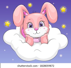 Cute cartoon baby rabbit on white cloud. Night vector illustration of animal on dark blue background with stars.