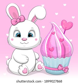 Cute cartoon baby rabbit with pink cupcake. Vector illustration of animal on the pink background with hearts.