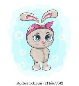 Cute cartoon baby rabbit with a pink bow. Modern flat poster for prints, kids cards, t-shirts and other. Vector illustration. Greeting card.