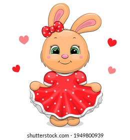 Cute cartoon baby rabbit in red dress. Vector illustration of animal isolated on white.