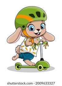 Cute cartoon baby rabbit wearing helmet riding electric or kick scooter. Flat cartoon vector illustration isolated on white background. T-Shirt design for kids, invitation or celebration card template
