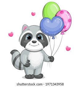 Cute cartoon baby raccoon with balloons and hearts. Vector animal illustration isolated on white.