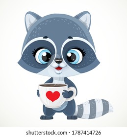 Cute cartoon baby raccoon with cup of tea or coffee isolated on a white background