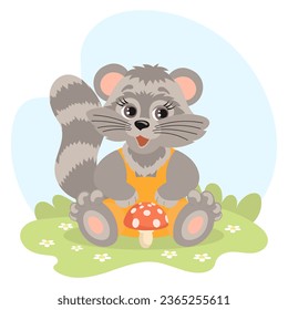 Cute cartoon baby raccoon with fly agaric in a meadow with daisies. Illustration in flat style. Children's card. Vector