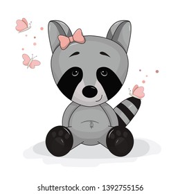 Cute cartoon baby raccoon with pink butterflies, editable animal vector design