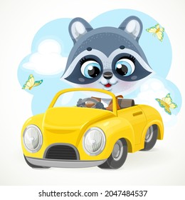 Cute cartoon baby raccoon rides in a yellow little toy car for children isolated on white background