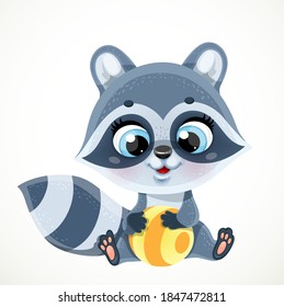 Cute cartoon baby raccoon with stripped ball sit on a white background