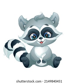 Cute cartoon baby raccoon, vector illustration. Forest animal, isolated white background.