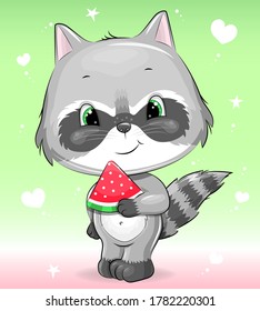 Cute cartoon baby raccoon with watermelon. Vector illustration of animal on the green background. 