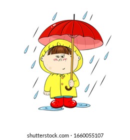 Cute cartoon baby in the rain with a red umbrella. Beautiful illustration with kids for your design.