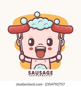 cute cartoon baby with sausage. vector illustrations with outline style, suitable for, logo brand, stickers, icons, etc.