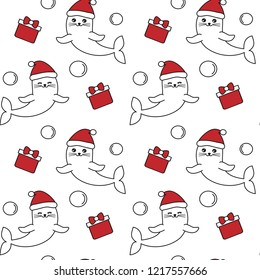 cute cartoon baby seals seamless vector pattern background illustration with gift boxes