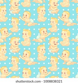 Cute cartoon baby seamless pattern - emotional baby on polka dots texture. Vector illustration