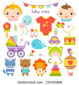 Cute cartoon baby set. Baby icons set.