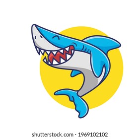 Cute Cartoon baby Shark mascot icon logo. Laughing and angry shark. Animal Cartoon Flat Style Icon illustration Premium Vector