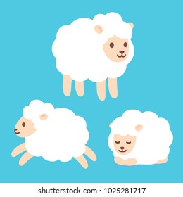 Cute cartoon baby sheep drawing set. Standing, jumping and sleeping. Adorable little lamb character vector illustration.