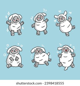 Cute cartoon baby sheep Illustration set. Standing, asking, jumping and sleeping. Cute little lamb character vector illustration.