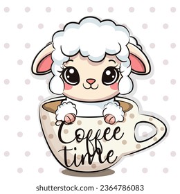 Cute cartoon baby sheep in a mug with coffee time quote. Vector illustration.