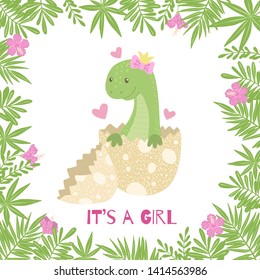 Cute cartoon baby shower card with dinosaur girl hatching from egg. Little dino for t-shirt, kids apparel, poster, nursery or etc. Vector illustration.