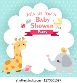 cute cartoon baby shower invitation card with animals on green background